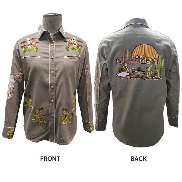 ADSH059 American Darling Taupe Western Apparel - Embroidered Cotton Lycra Longhorn Shirt