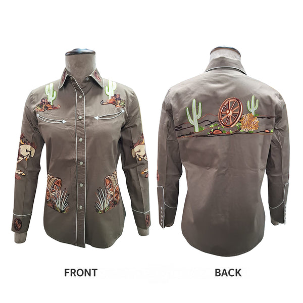 ADSH061 American Darling Earth Brown Western Apparel - Embroidered Cotton Twill Rodeo Top