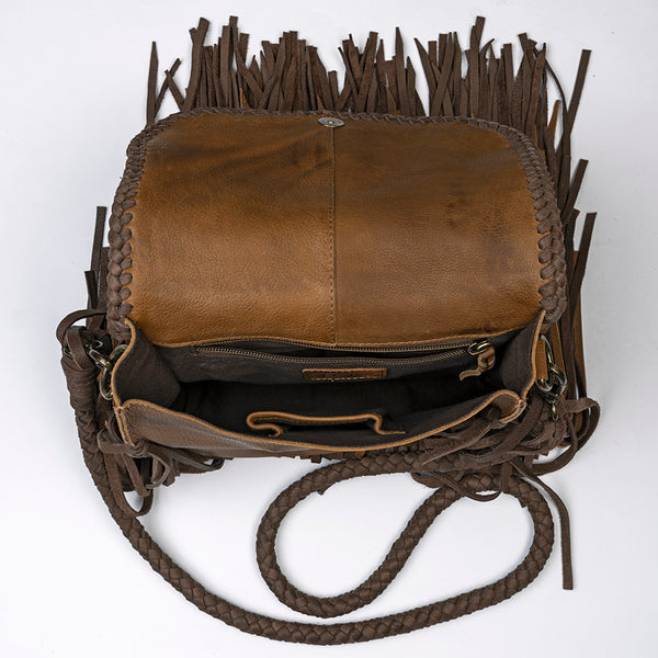ADBGM250 Rustic Brown Leather Crossbody - Fringe Western Purse with Turquoise Concho