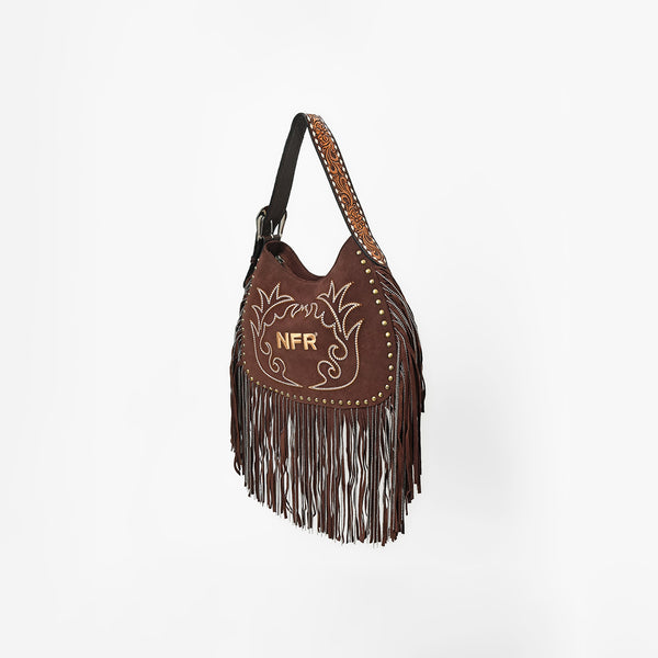 Official PRCA & NFR Licensed Collection® Brown Suede Gold Embroidered Long Fringe Hobo Shoulder Bag