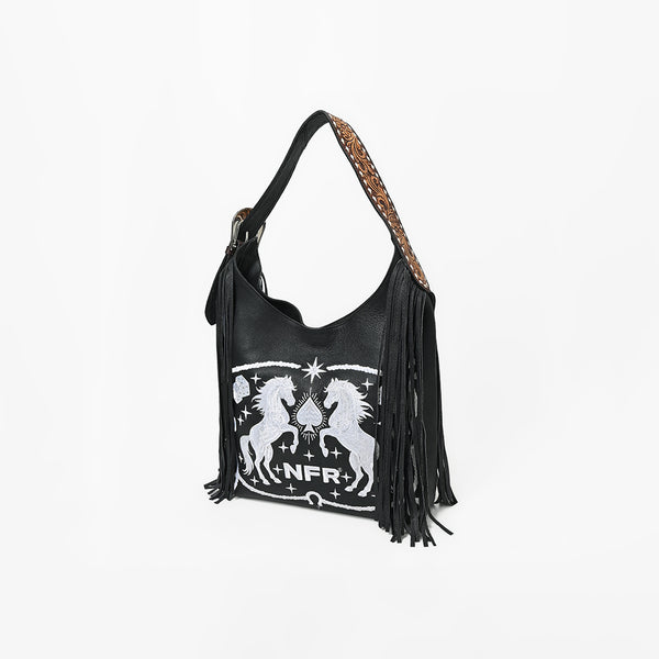 Official PRCA & NFR Licensed Collection® Tooled Leather Strap White Embroidered Graphic Fringe Shoulder Bag