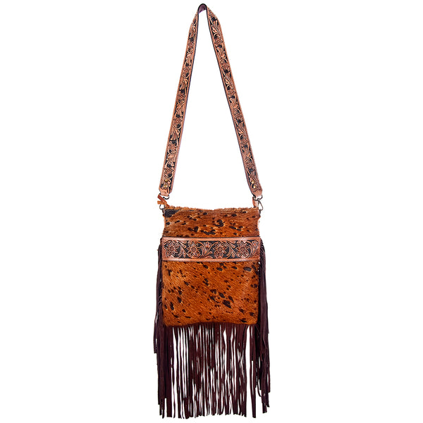 ADBGS192 Cowhide Large Crossbody Bag with Tooled Patch, Fringe & Floral Strap - Western Purse