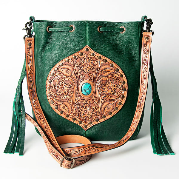 LC-ADBGZ477 Emerald Green Leather Bucket Bag with Hand-Tooled Floral Patch & Turquoise Accent