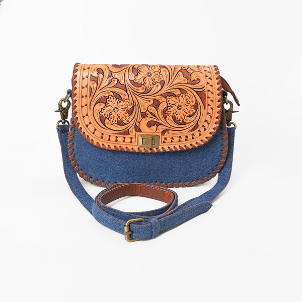 ADBGA1250 American Darling Blue Denim & Hand-Tooled Floral Leather Buckstitched Crossbody Bag