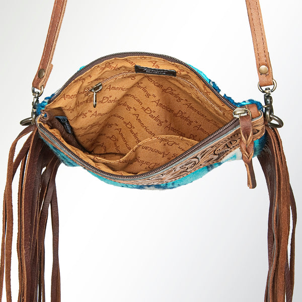 ADBG236 American Darling Woven Saddle Blanket Tooled Leather Fringe Crossbody