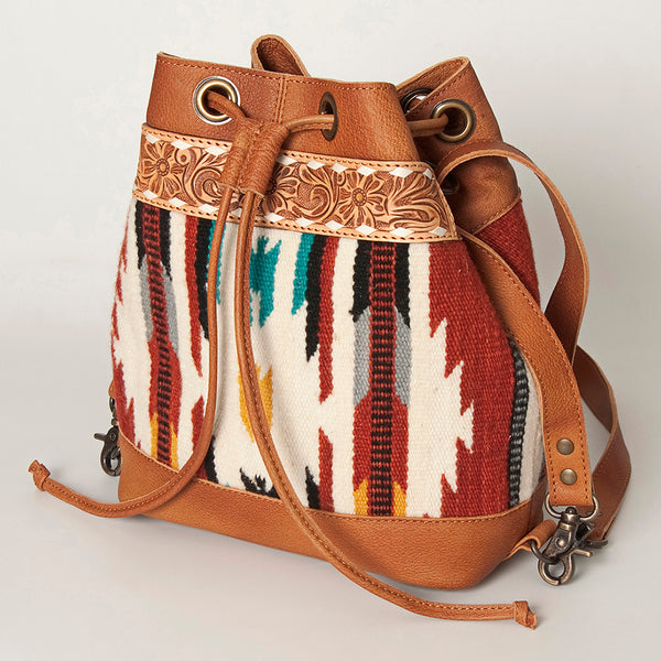 ADBG862 American Darling Hand Tooled Floral & Hand-Woven Saddle Blanket Leather Bucket Bag