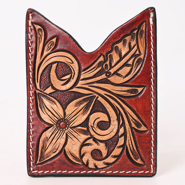 ADCCF117 Red Floral Hand-Tooled Leather Card Holder - Western Boot-Top Scroll Design