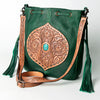 LC-ADBGZ477 Emerald Green Leather Bucket Bag with Hand-Tooled Floral Patch & Turquoise Accent