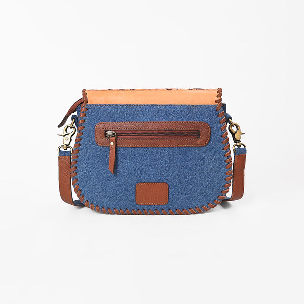 ADBGA1250 American Darling Blue Denim & Hand-Tooled Floral Leather Buckstitched Crossbody Bag