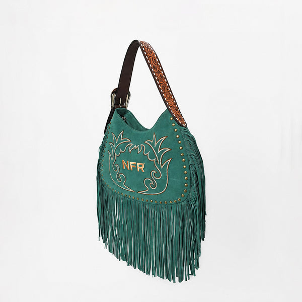 Official PRCA & NFR Licensed Collection® Premium Green Suede Western Fringe Crescent Hobo Shoulder Bag