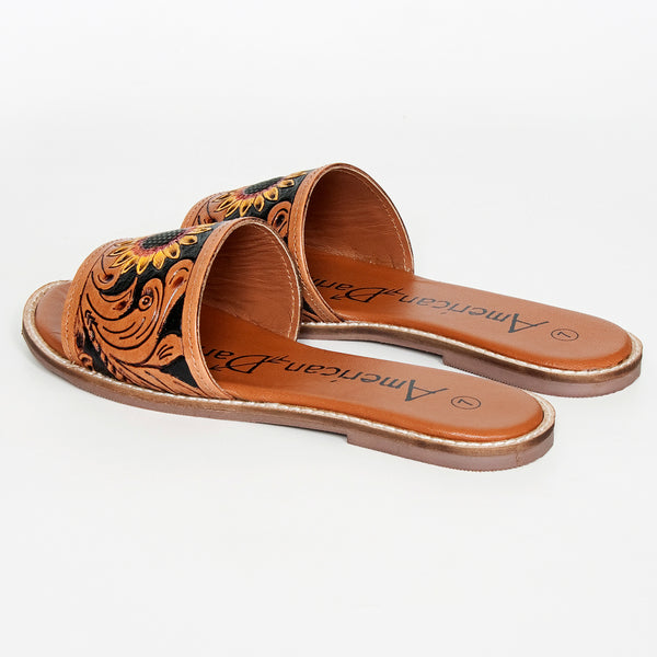 LC-ADFTE106A-8 Sunflower Tooled Leather Slide Sandals - Western Summer Slip-Ons by American Darling