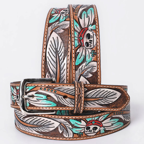 OHBTG104 American Darling Hand Tooled Leather Skull & Feather Belt