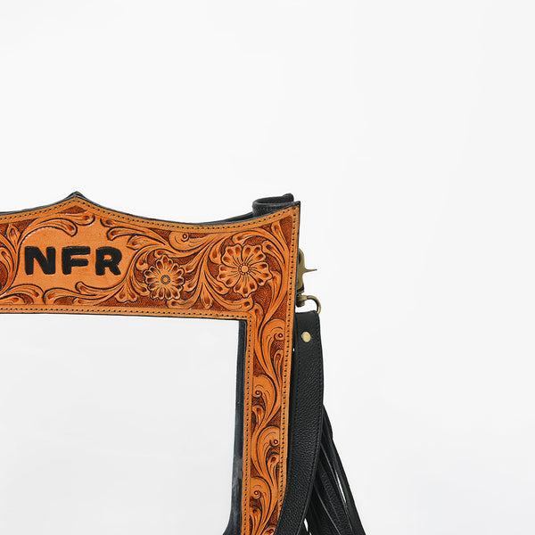 Official PRCA & NFR Licensed Collection® Floral Hand Tooled Leather Frame Clear Stadium Fringe Crossbody Bag