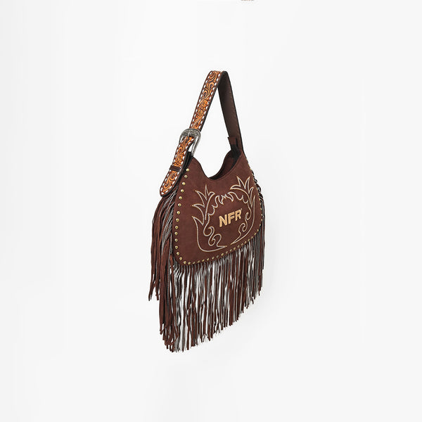 Official PRCA & NFR Licensed Collection® Brown Suede Gold Embroidered Long Fringe Hobo Shoulder Bag