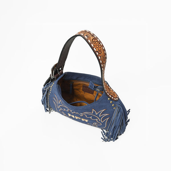 Official PRCA & NFR Licensed Collection® Blue Embroidered Western Stitch Long Fringe Shoulder Hobo Bag