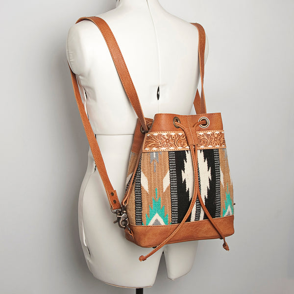 ADBG862 American Darling Hand Tooled Floral & Hand-Woven Saddle Blanket Leather Bucket Bag