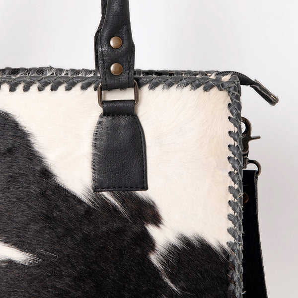ADBGS118 Western Cowhide Tote -Hair-On Leather Bag with Braided Whipstitch & Strap