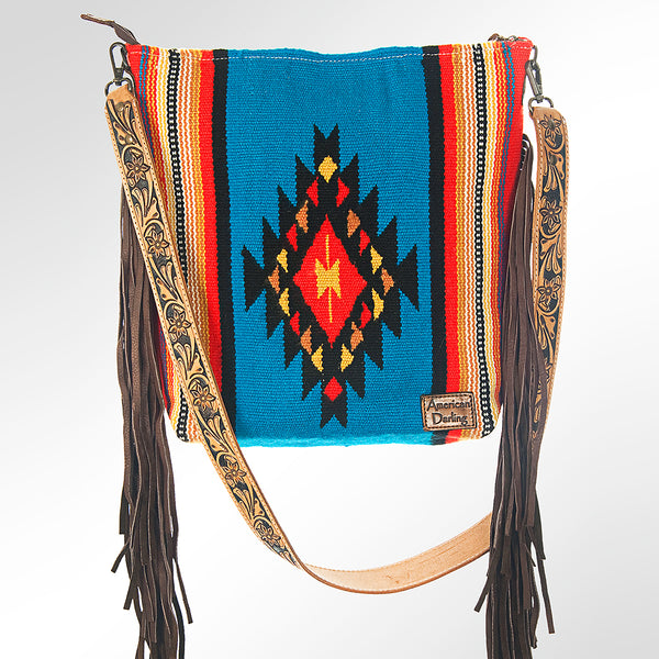 ADBG213 American Darling Large Cross body Bag - Hand Tooled Floral Leather & Woven Saddle Blanket