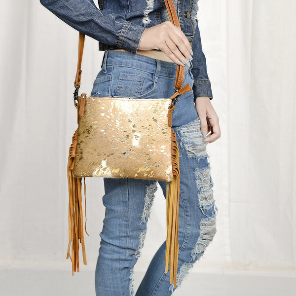 ADBG109 American Darling Hair-On Cowhide Leather Western Small Crossbody Bag with Fringes