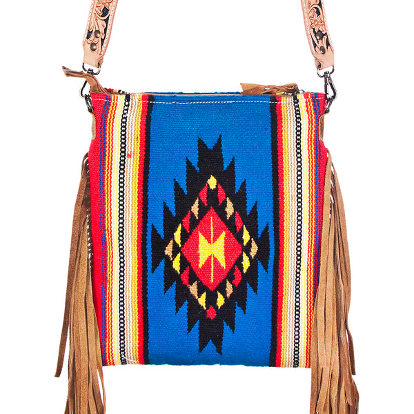 ADBG298 American Darling Cross body Bag - Hand Tooled Floral Leather & Woven Saddle Blanket Purse
