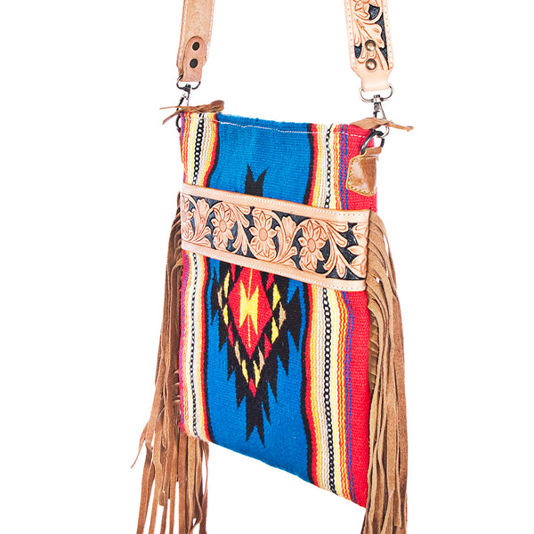 ADBG298 American Darling Cross body Bag - Hand Tooled Floral Leather & Woven Saddle Blanket Purse