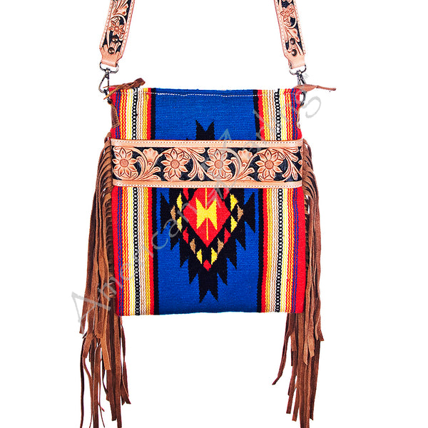 ADBG298 American Darling Cross body Bag - Hand Tooled Floral Leather & Woven Saddle Blanket Purse
