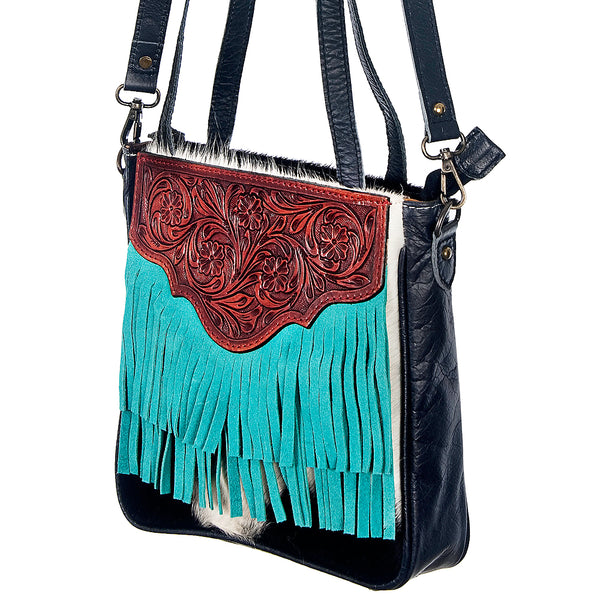 ADBG304 American Darling Cross body Bag - Hand Tooled Floral Leather & Hair-On Cowhide Purse