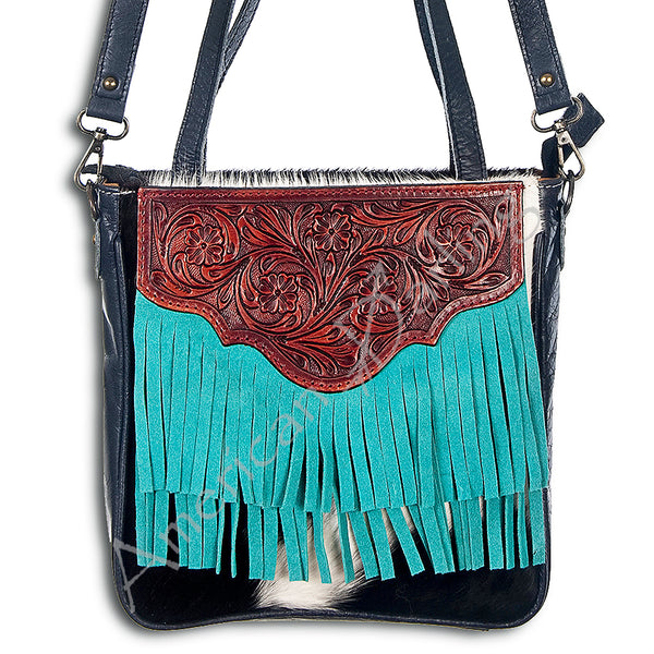 ADBG304 American Darling Cross body Bag - Hand Tooled Floral Leather & Hair-On Cowhide Purse