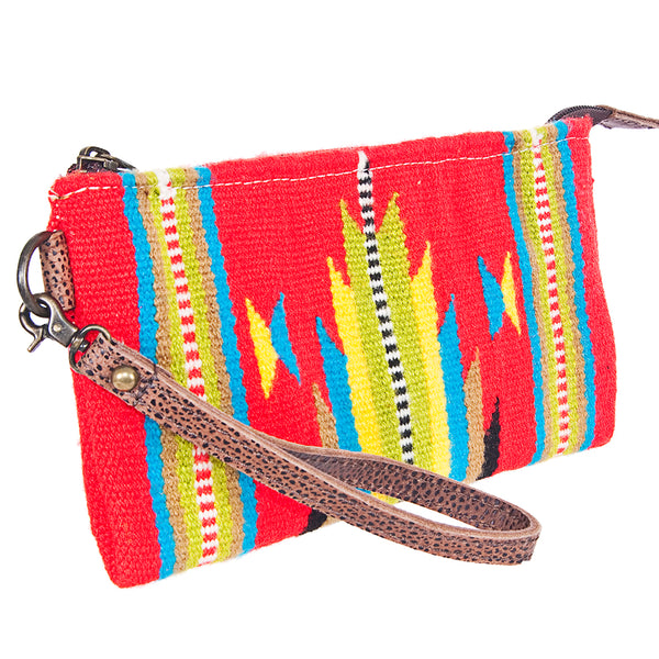 ADBG344 Southwestern Wool Wristlet Clutch with Tribal Pattern and Leather Strap