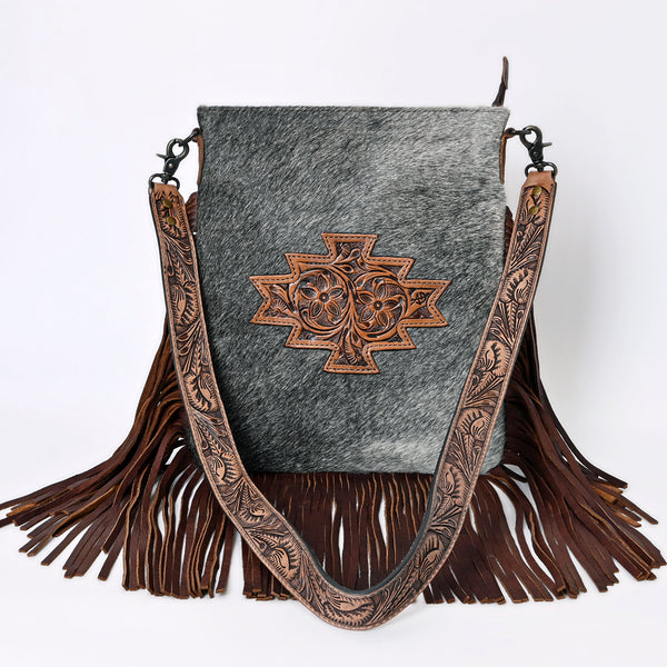 LC-ADBGS192 Cowhide Large Crossbody Bag with Tooled Patch, Fringe & Floral Strap - Western Boho Purse