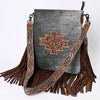 LC-ADBGS192 Cowhide Large Crossbody Bag with Tooled Patch, Fringe & Floral Strap - Western Boho Purse