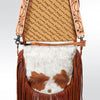 ADBG381 Floral Tooled Leather & Cowhide Messenger Bag with Fringe and Wide Strap