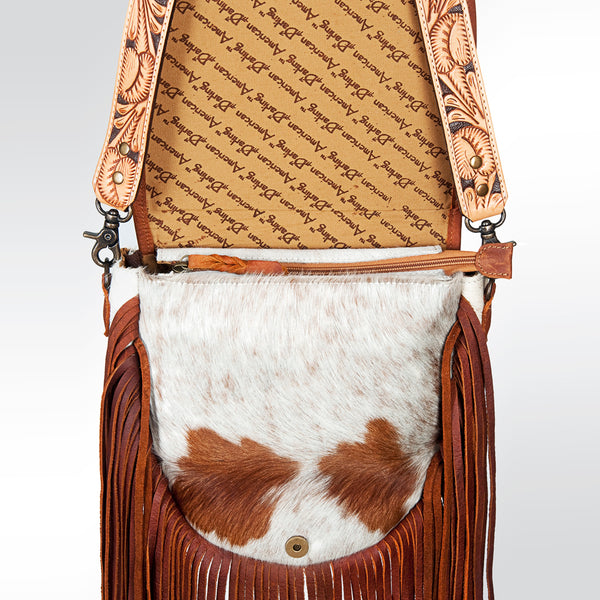 ADBG381 Floral Tooled Leather & Cowhide Messenger Bag with Fringe and Wide Strap