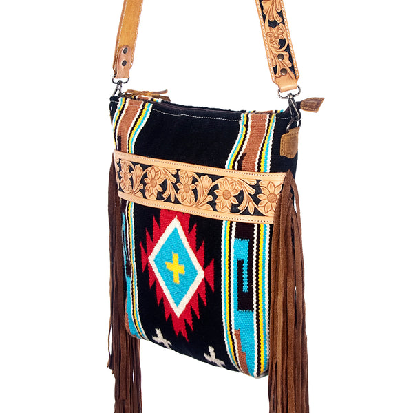ADBG223 American Darling Large Cross body Bag - Hand Tooled Leather & Woven Saddle Blanket