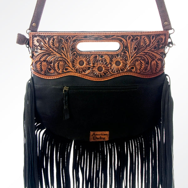 ADBG345 American Darling Western Leather Clutch Bag with Hand Tooled Floral Carving and Fringes