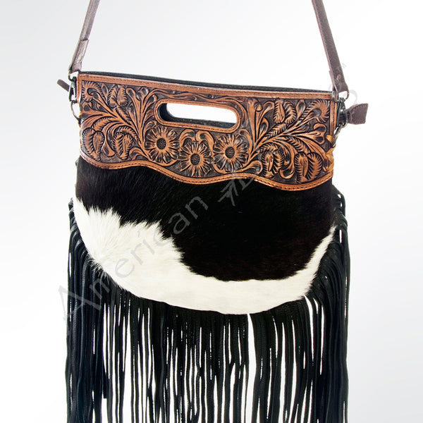 ADBG345 American Darling Western Leather Clutch Bag with Hand Tooled Floral Carving and Fringes