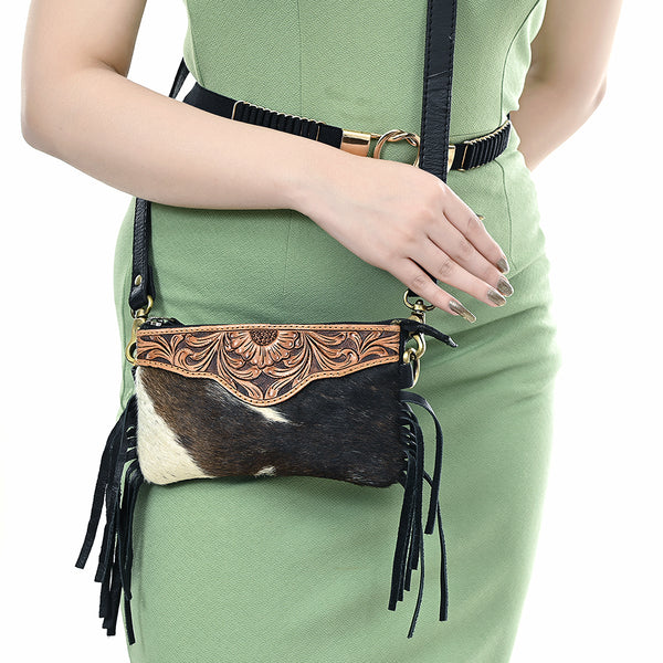 ADBG403BKW Luxury Genuine Leather Small Crossbody Bag Featuring Hand-Tooled Artistry