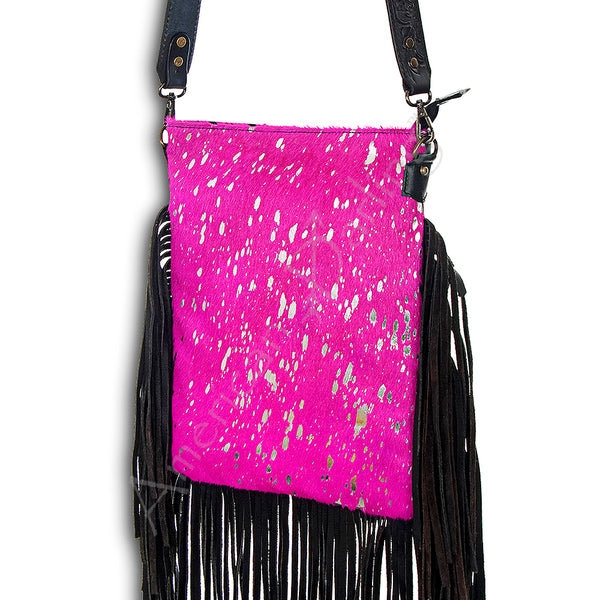 ADBGS192 Splatter Cowhide Large Crossbody Bag with Fringe & Tooled Leather Strap