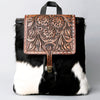 LC-ADBGZ101 Tooled Leather Flap Cowhide Backpack - Black & White Hair-On Hide Western Bag