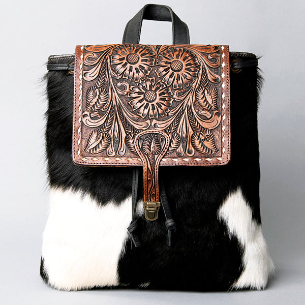 LC-ADBGZ101 Tooled Leather Flap Cowhide Backpack - Black & White Hair-On Hide Western Bag