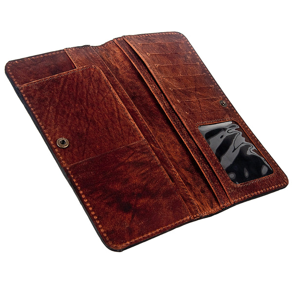 ADBG488 Artisan Genuine Leather Clutch with Tooled Floral Patterns and Braided Trim