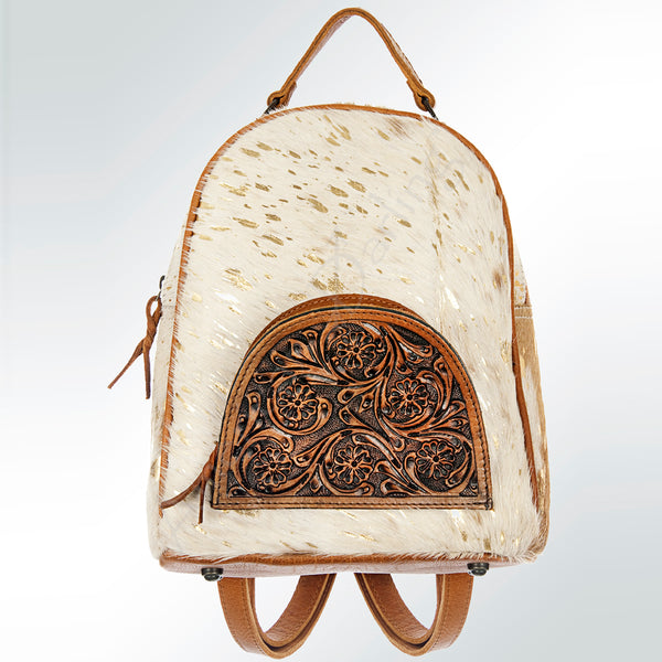 ADBGS156 Genuine Cowhide Leather Backpack with Hand-Tooled Floral Patch - Western Rodeo Style