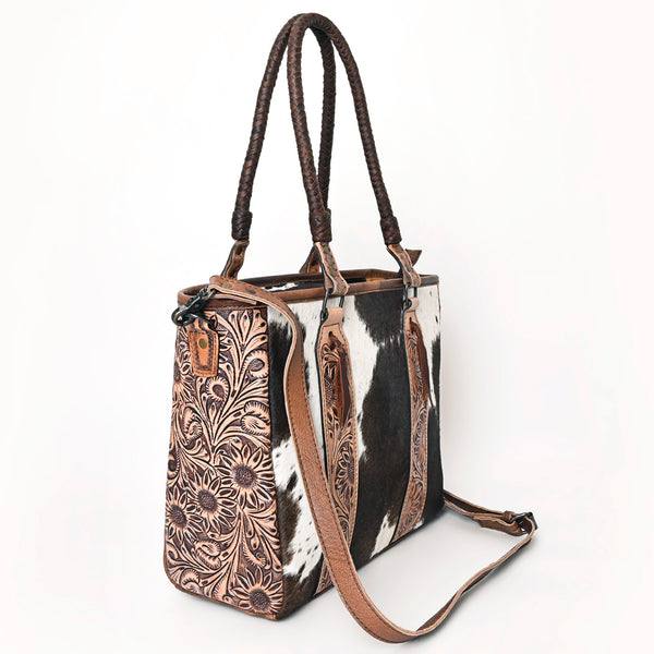 ADBGH101 Genuine Leather Western Tote Bag - Hair-On Hide with Hand-Tooled Floral Straps