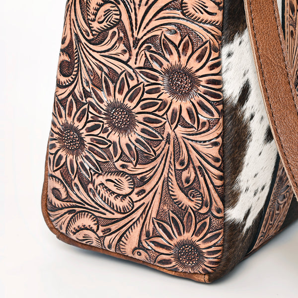 ADBGH101 Genuine Leather Western Tote Bag - Hair-On Hide with Hand-Tooled Floral Straps