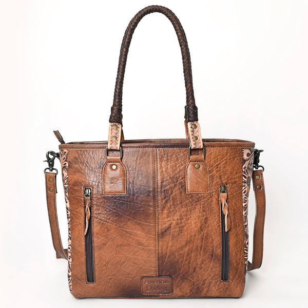 ADBGH101 Genuine Leather Western Tote Bag - Hair-On Hide with Hand-Tooled Floral Straps