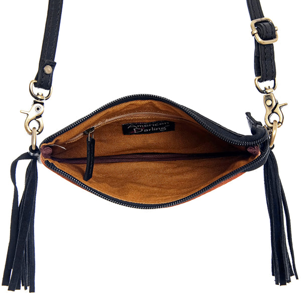 ADBG404 Cowhide Crossbody Bag with Tooled Leather Floral Yoke & Fringe