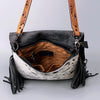 LC-ADBGZ137BKW Black & White Cowhide Messenger Bag with Raw Edge Flap and Tooled Strap