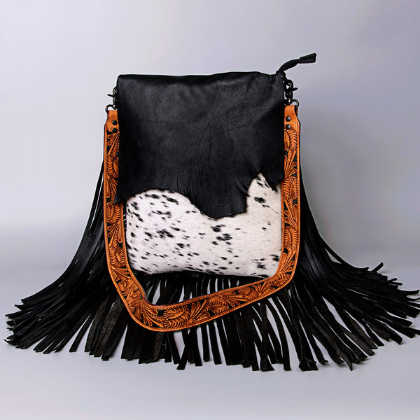 LC-ADBGZ137BKW Black & White Cowhide Messenger Bag with Raw Edge Flap and Tooled Strap