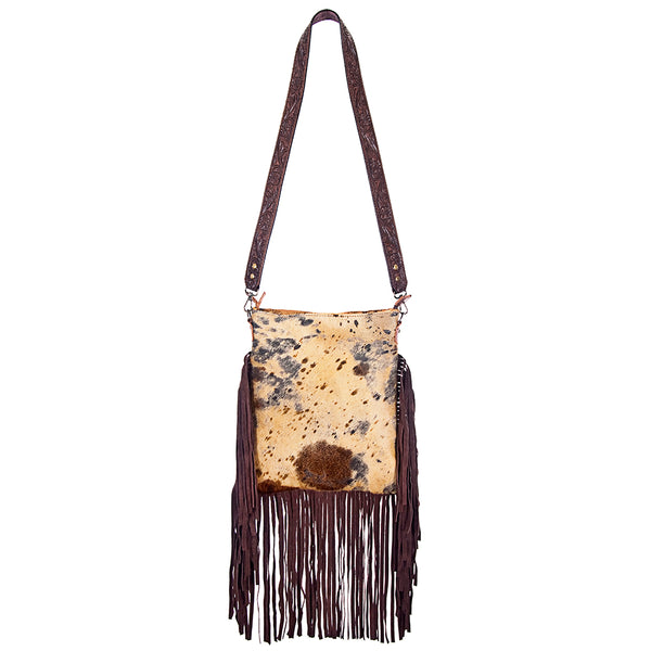 ADBGS192 Splatter Cowhide Large Crossbody Bag with Fringe & Tooled Leather Strap