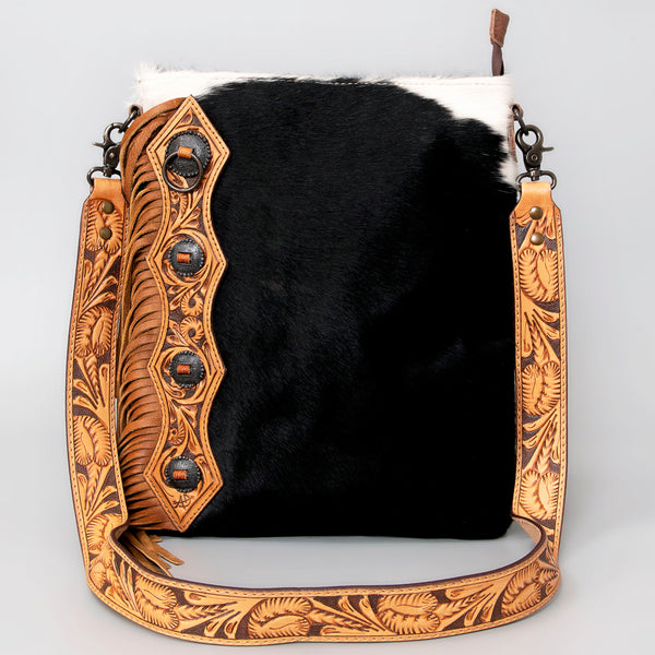 ADBG464BRW Western Black Hair On Hide & Hand Tooled Leather Fringe Chaps Bag